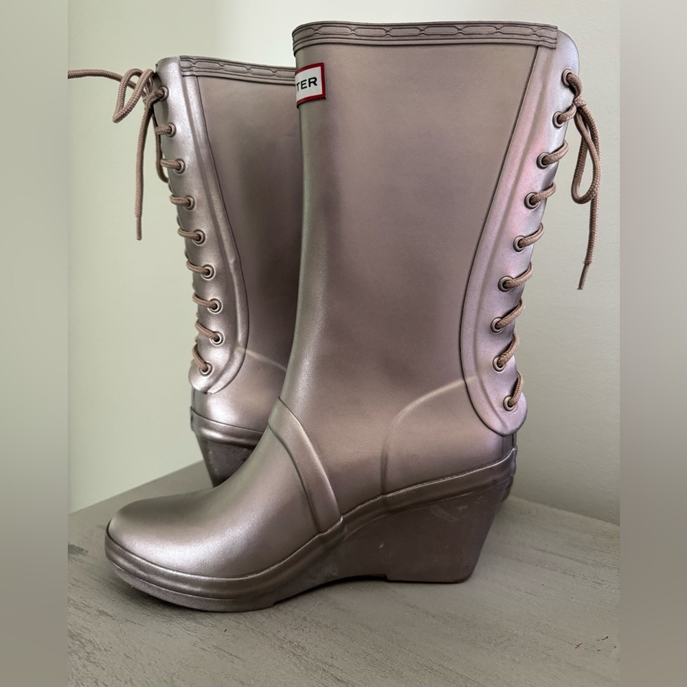 Hunter Verbier metallic rain boots in titanium lace up back wedge heel women’s 8